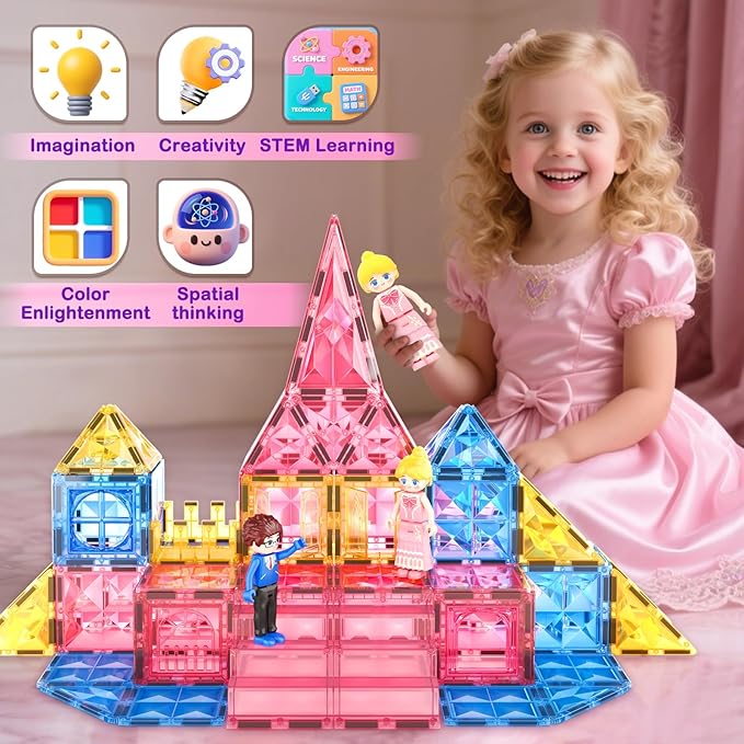 Diamond Magnetic Tiles for Kids: Magnet Building Blocks for Girls & Boys Age 3-8 Princess Castle Toy Birthday Sensory Game 4 5 6 7 8 12 Year Old Learning Classroom Must Have Decor