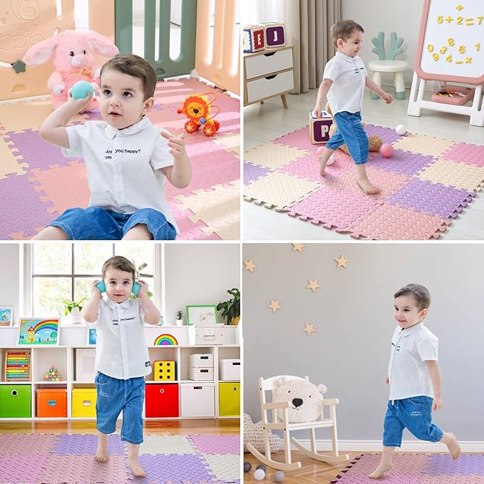 16-Tile Soft & Safe EVA Foam Play Mat for Baby - Square, Solid Colored Kids Puzzle Floor Mat, 47x47 - Purple/Pink/Loli Pink/Beige