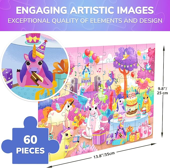 QUOKKA Puzzles for Kids Ages 4-6 – 60 Piece Jigsaw Puzzles for Toddlers Ages 3-5 with Unicorns – Quiet Time Toy for Preschoolers 2-4 – FSC Certified Educational Learning Game for Boys and Girls