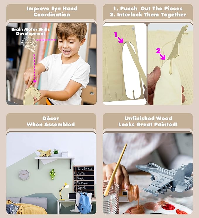 Puzzled F-18 Hornet 3D Puzzle Airplane Model Wood Building Kit - 3D Model Airplane Building Kit for Kids and Adults, Fun Educational Model Plane Kit to Paint and Build Craft 3D Model Kit - 47 Pieces
