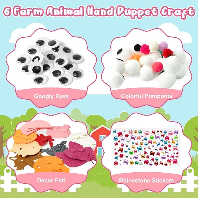 WATINC 6Pcs Hand Puppet Making Kit, Art Craft Felt Sock Puppet Toys, Creative DIY Make Your Own Pompoms Wiggle Googly Eyes Storytelling Role Play Party Supplies Gift for Girls Boys (Farm Animals A)