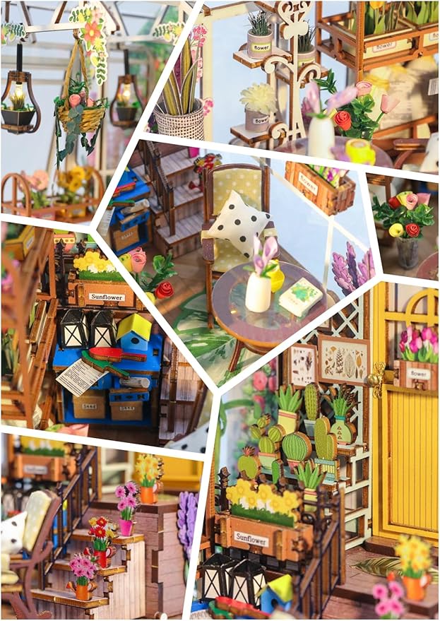 DIY Book Nook Kit with Music Box, 3D Wooden Puzzle Dollhouse with LED, Greenhouse Bookend for Adults and Teens, Bookshelf Decoration, Creative Gift for Friends and Family. Garden House