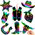 JULMELON 36 PCS Western Crafts, Rainbow Scratch Art Cowboy Rodeo Party Favors DIY Magic Color Scratch Paper Cards for Western Theme Birthday Party Favors School Activities Games