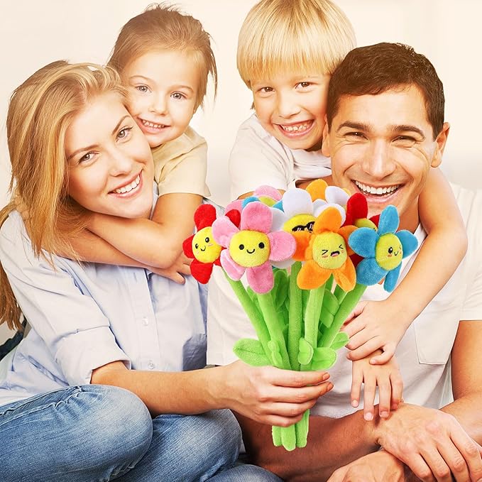 18 Pcs Plush Smile Flower Stuffed Bendable Stems Plush Bouquet Toy Soft Floral 12.6 Inch for Graduation 2025 Mother's Day Valentines Day Girl Girlfriend Wife Family and Friends(Cute Style)