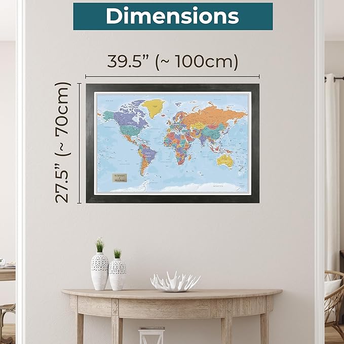 Push Pin Travel Maps - Customizable Blue Oceans World Push Pin Travel Map with Rustic Black Frame- 27.5" x 39.5" - 8 Handcrafted Frame Options - Made in USA - Ideal for Adventurous Travelers