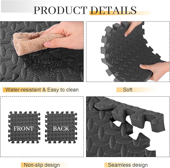 20 Tiles 12x12x1 Inch EVA Thick Interlocking Foam Floor Tiles Puzzle Exercise Mat Foam Mats for Pets Boys Girls Classroom Nursery Gym(Black)