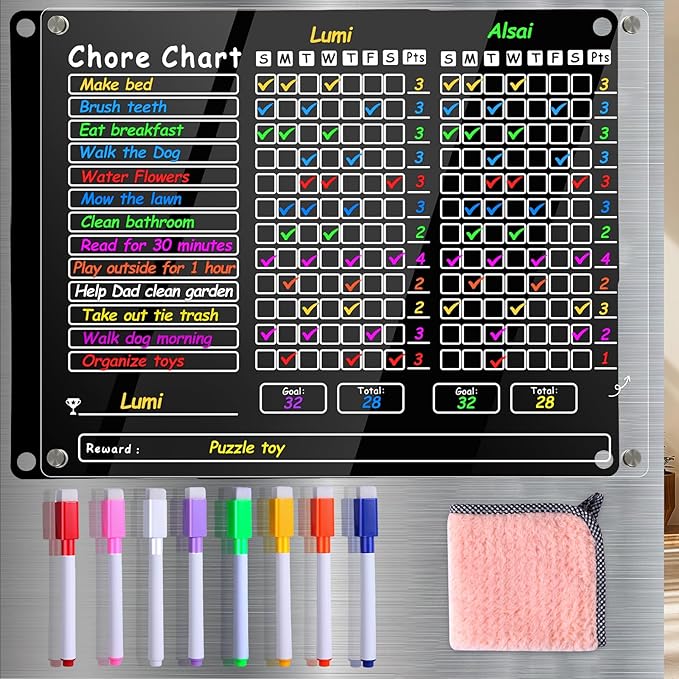 Acrylic Magnetic Chore Chart for Kids Multiple Kids，15"x11.8" Clear Dry Erase Reward Chart -Behavior and Responsibility Refrigerator Board for at Home Kids, Teens(w/ 8 Markers & Towel)