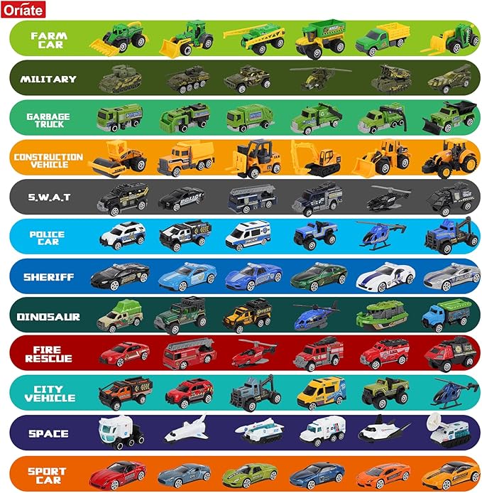 Oriate Diecast Toy Cars Set for 3 4 5 6 7 8 Year Old Boys, 12 Pack Mini Metal Cars 1/64, 12 Theme in one Set Blind Box Edition- Include Farm, Space Ship, Truck for Children Birthday Party Decor Gifts