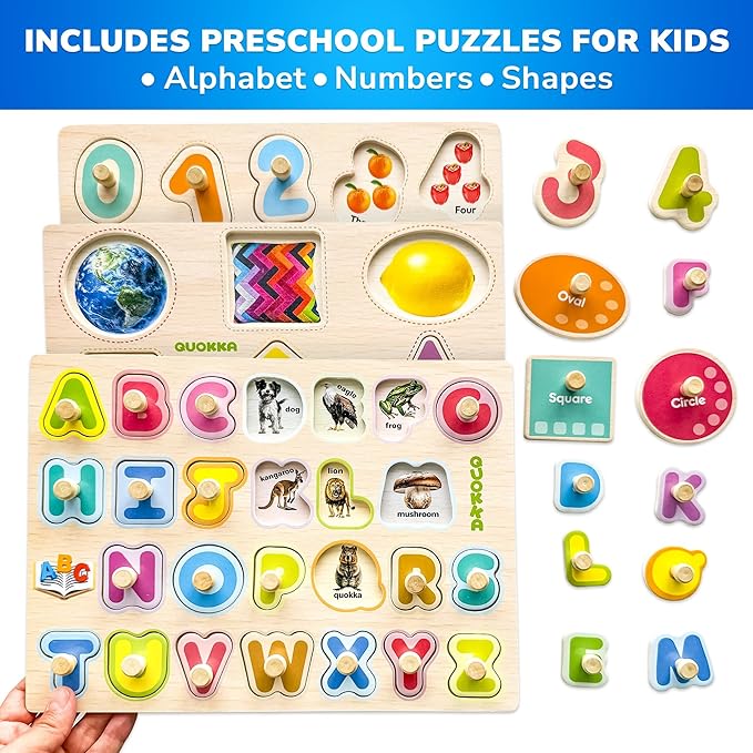QUOKKA Wooden Puzzles for Toddlers 1-3 - 8 Montessori Toddler Puzzles Ages 2-4 in a Rack - Learning Alphabet Numbers Animals Toy for Kids 3-5 - Wood Games Gift for Boys and Girls