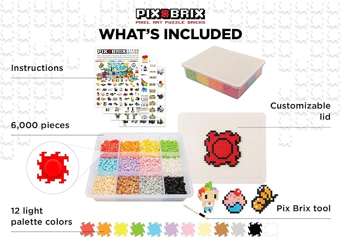 Pix Brix Pixel Art kit Puzzle Bricks – 6,000 Piece Pixel Art Container, 12 Color Light Palette – Interlocking Building Bricks, Create 2D and 3D Builds Without Water or Glue – Stem Toys, Ages 6 Plus