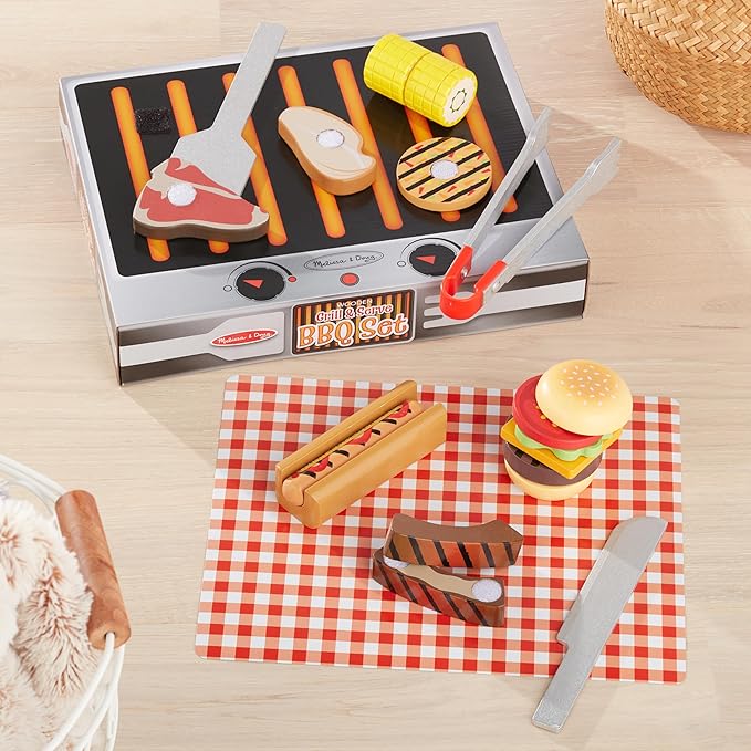 Melissa & Doug Grill and Serve BBQ Set with Pretend Play Toy Food & Kids Play Kitchen Accessories, Preschool Learning Toys for Girls & Boys 3+