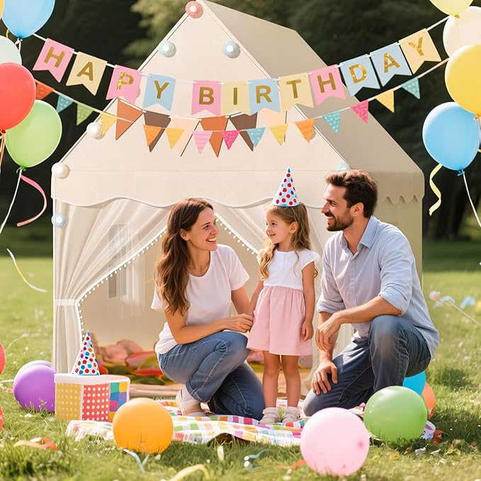 EagleStone Kids Play Tent with Star Light and Padded Mat, Playhouse for Kids, Neutral Color Play Room Furniture, Indoor Bed Tent Gift Toys for Toddle 3,4,5,6-Year-Old Girls,Boys, Girls,