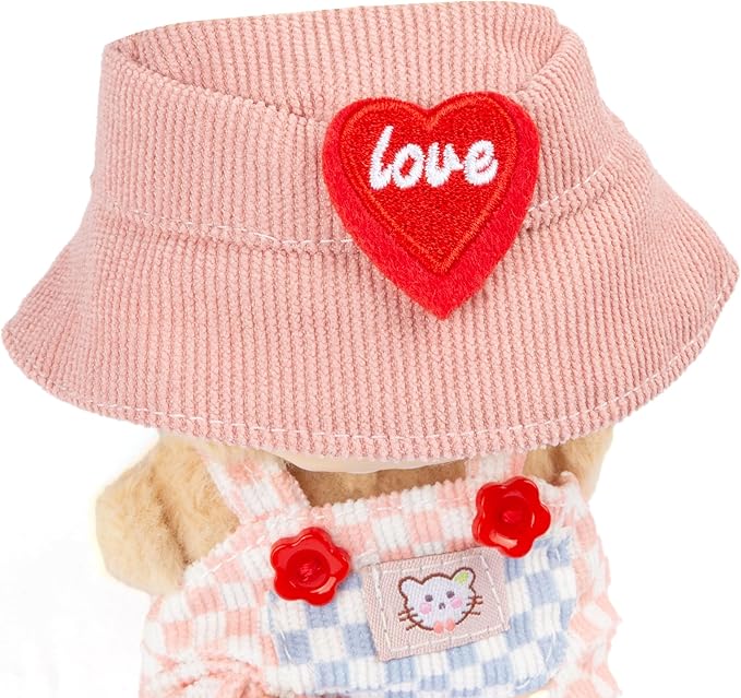 17cm Doll Clothes for Labubu - Kawaii Chic Style Set for 17cm Dolls, Cute Doll Outfit with Accessories - Pink and White Check Romper + Heart Shaped Pink Hat (Clothes Only)