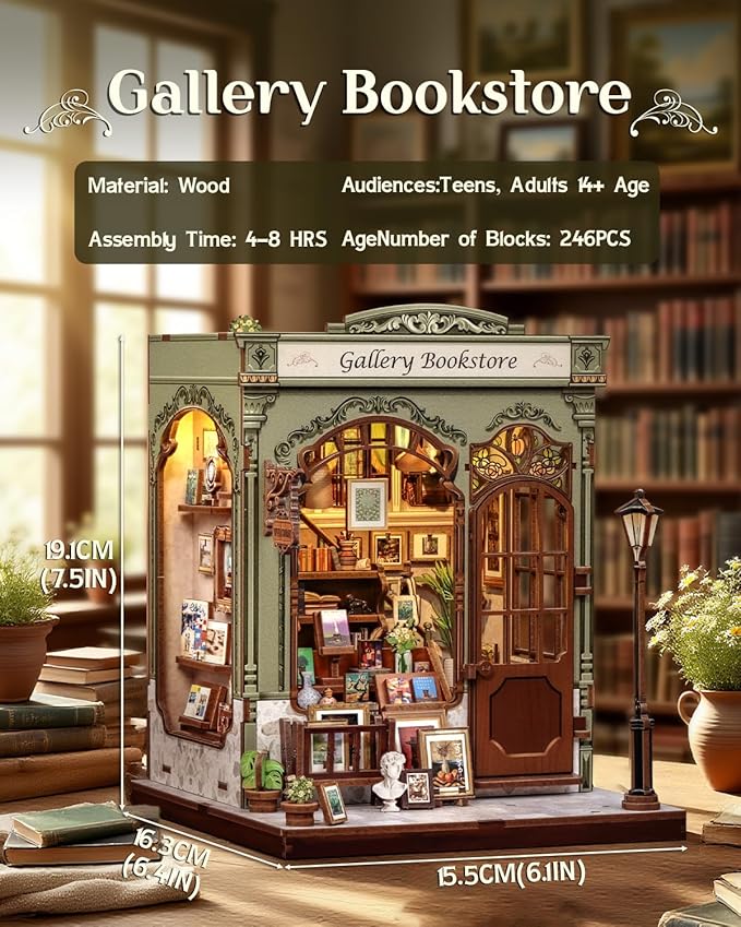 CUTEBEE DIY Book Nook Kit, Miniature House Kits for Adult and Teens, DIY Miniature Book Nook kit with Sensor Led Light, Gifts for Lovers and Family (Gallery Bookstore)