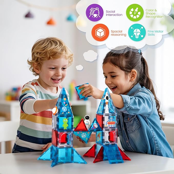 cossy Magnetic Tiles Space Set, Magnet Tiles with Astronaut, Magnetic Tiles for Kids Ages 4-8, STEM Toys, Magnet Blocks for Boys and Girls, Creative Building Toys, Space