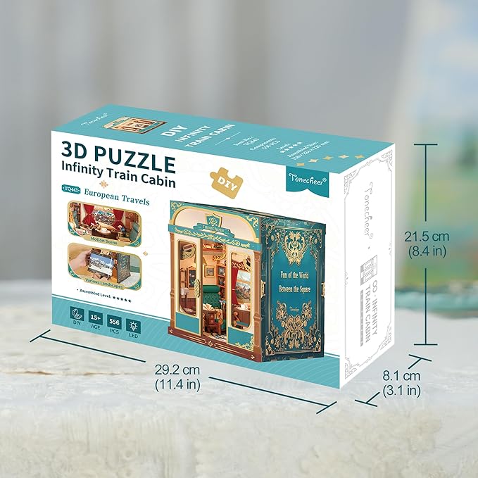 Tonecheer DIY Book Nook Kit for Adults, Miniature Infinity Train Cabin European Vintage Carriage Model, Wooden 3D Puzzle Dollhouse Booknook Decorative Bookend Gifts (European Travels)