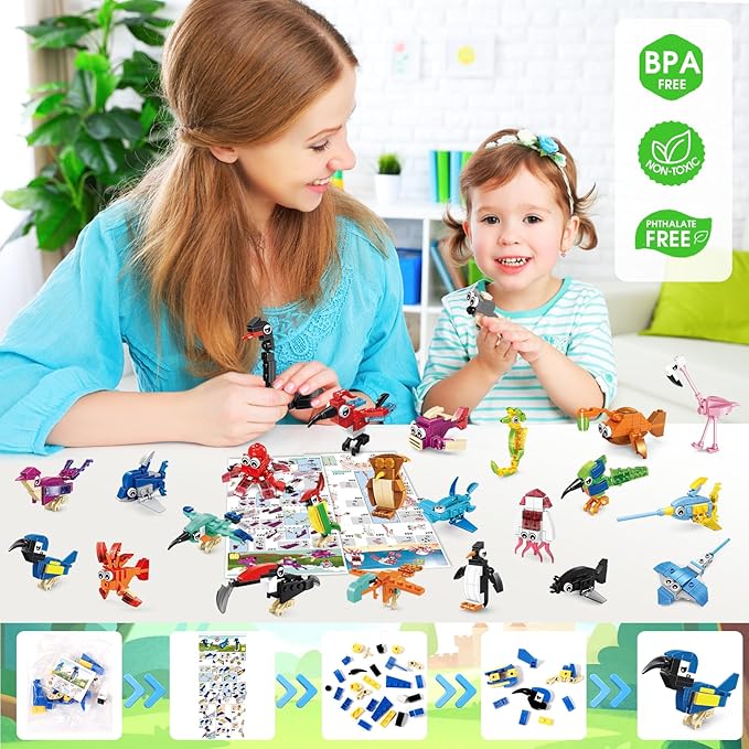 MOONTOY 48 Packs Party Favors for Kids, 3-in-1 Mini Animals Building Blocks Sets for Easter, Birthday, Goodie Bag Stuffers, Classroom Prizes for Boys Girls Ages 3-12