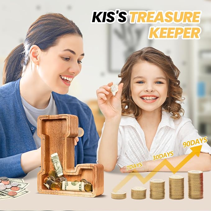 KMC Wooden Letter Piggy Bank, Personalized Initial Piggy Bank for Kids Boys, Clear Alphabet L Wood Money Box, Unbreakable Coin Saving Jar, Birthday, for Children