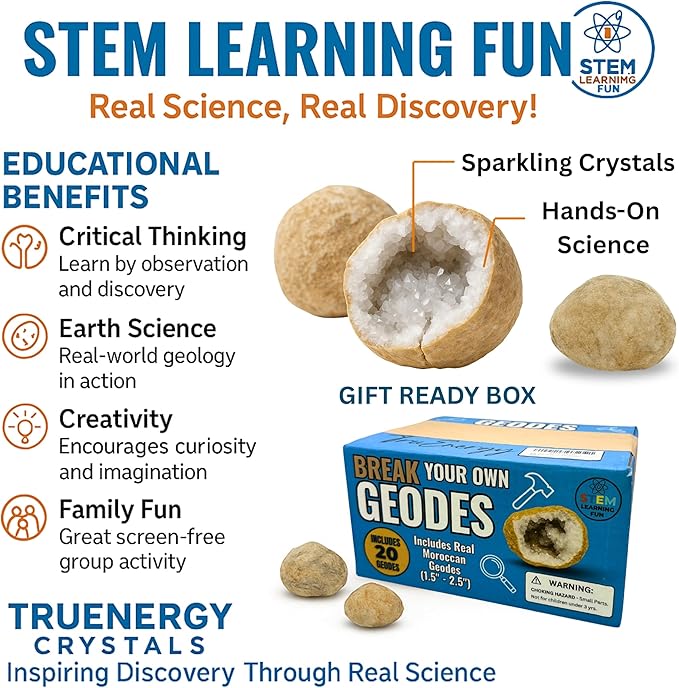Break Your Own XL Geodes Kit for Kids – 3–4 Large Natural Crystal Geodes (3.5–4.5”) with Magnifying Glass & Learning Guide – STEM Science Rock Kit – Gift-Ready Educational Set for Kids Ages 6–12