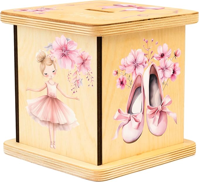 Wooden Piggy Bank for Kids and Adults, Personalized Gift Handmade in USA by BloomOwl, Custom Piggy Bank, Personalized Banks for Kids, Gifts for Baby Boys and Girls (Ballerina)