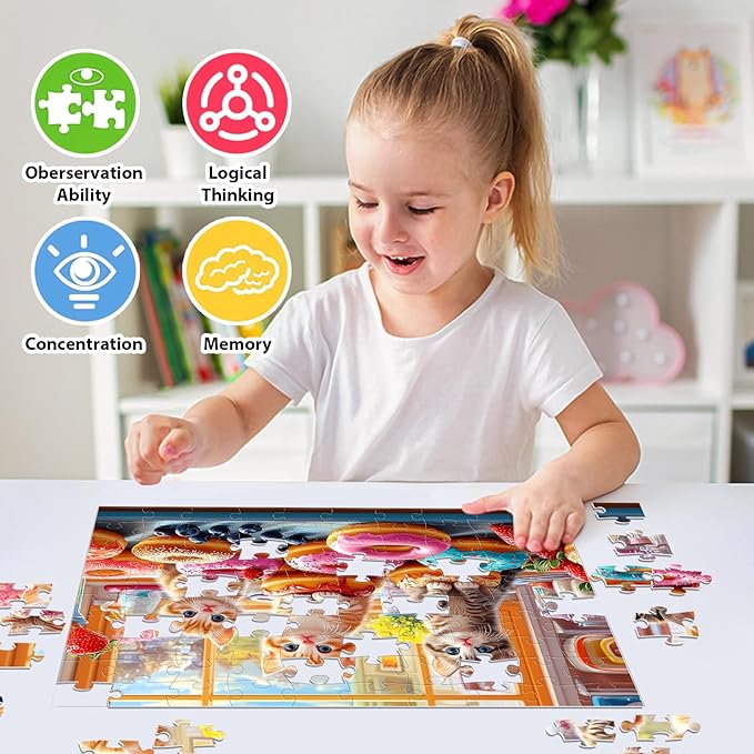 100 Piece Puzzles - Adorable Cats Donuts Puzzle for Kids Ages 4-6 6-8 8-10, Large Piece Puzzle for Seniors Dementia Alzheimer's Activity for Adults Kids Puzzles Ages 5-8 Great Gift for Boys Girls