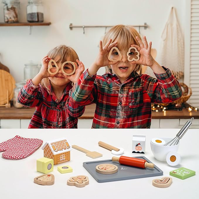 PairPear Gingerbread House Baking Playset – 29 Piece Wooden Christmas Cookie Baking Kit, 3D Toy Cookie Play Food & Pretend Kitchen Accessories, Educational Play Baking Toys Gift for Kids 3+
