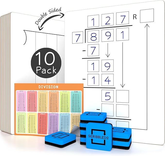 SCRIBBLEDO 10 Pack Dry Erase Division White Boards 9 x 12 Inch Whiteboards Double Sided Math Manipulatives Long Division Lapboards for Kids Students Classroom and Home 10 Whiteboard Erasers Included