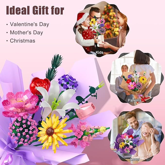 Flowers Bouquet Building Set, Flower Botanical Collection Building Toys, Home & Office Creative Decoration, Valentine Day, Birthday, Christmas Ideal Gift for Kids, Adults - 699 Pcs