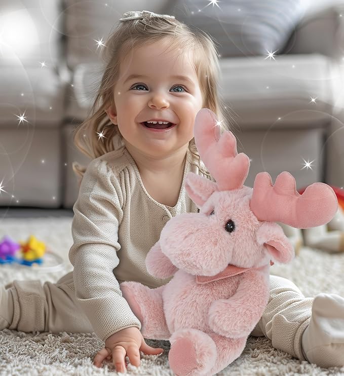 DolliBu Baby Pink Moose Stuffed Animal - Super Soft Stuffed Animals for Girls and Boys, Adorable Stuffed Wild Creatures for Kids and Cute Wild Animals Cuddle Stuffed Animals for Adults - 8.5 Inches