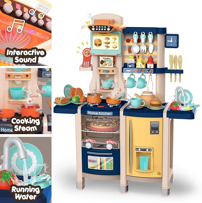 SANDINRAYLI 65Pcs Kids Kitchen Playset, Kitchen Toys, Large Toddler Play Kitchen Sets for Kids Ages 4-8, Pretend Toddler Kitchen for Girl & Boy 3-5, Baby Kitchen with Simulated Sound, Light, Blue
