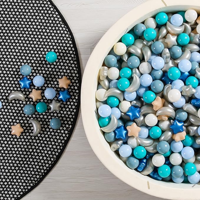 GOGOSO Ball Pit Balls Stars Moon Shapes Plastic Pitballs for Toddler Play Tent Baby Photo Props Kids Pool Water Toys Kiddie Pool Party Decor, Pearl Gray+Blue+Green,100PCS
