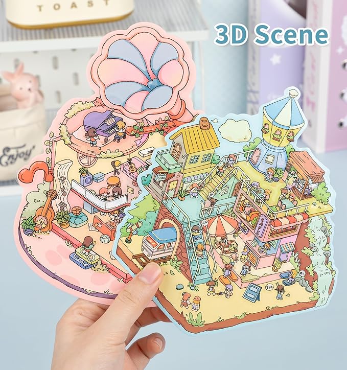 DIY 3D House Stickers, 4 Sets Fun DIY Stickers Scene Make Your Own Mini House Cute Cartoon Animal Scene Stickers for Kids Adult Sticker Art Relief Stress Pass The Time