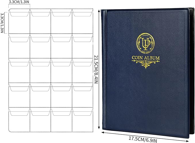 200 Pockets Coin Album - Coin Collecting Book with 10 Pages, 33x33 mm Grid Holder for Pounds Pence Cents Dollars Nickel (Blue) CS48200BL