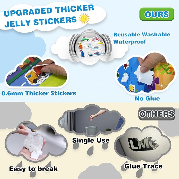 Reusable Jelly Sticker Books for Toddlers, 3D Waterproof Sticker Books, Travel Toys for Kids - Ocean Wrold, Vehicles