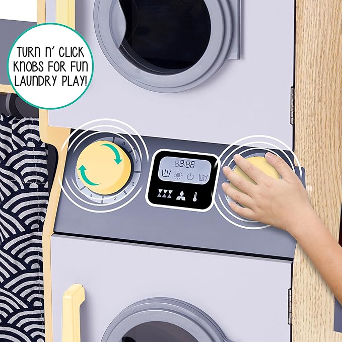 Lil’ Jumbl Kids Washer and Dryer Playset, Wooden Children's Pretend Laundry Set, Includes Broom, Dustpan, Iron, Hangers & Basket, Realistic Laundry Room for Kids - Natural