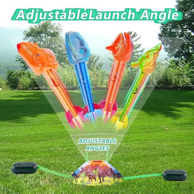 Dinosaur Rocket Launcher for Kids - Launch Up to 100 Ft, 8 Rockets and 2 Pads for Multi-Player, Dinosaur Toys, Birthday Gift Ideas, for 3 4 5 6 7 Year Old Boys, Outdoor Outside