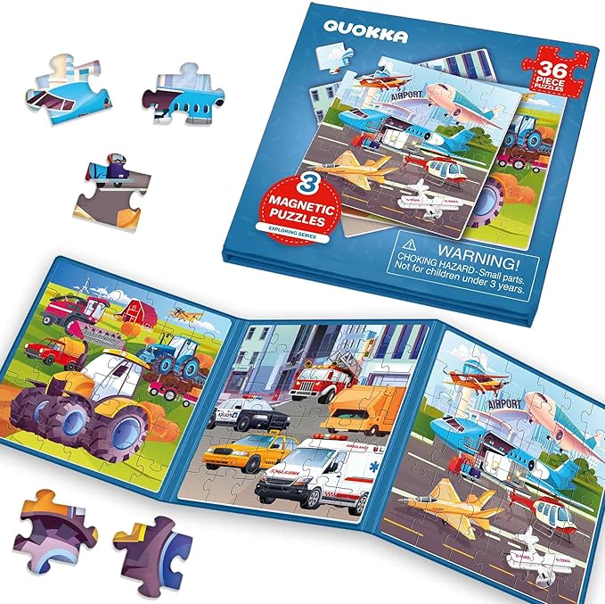 QUOKKA Magnetic Toddler Puzzles Ages 2-4 – 24 Pieces Kids Puzzles Ages 3-5 – Travel Games and Toys for Kids 4-6 Boys and Girls – Learning Transport Car Airplane Road Trip Activities