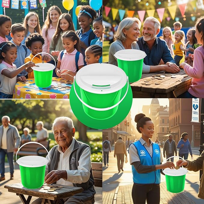 Plastic Coin Collection Bucket with Removable lid and Handle Charity Donation Collection Money Box Pail for Fundraising with top Slot for Tickets raffles and Money 7.5" Hx8.3 Diameter(Green) 4 Pack