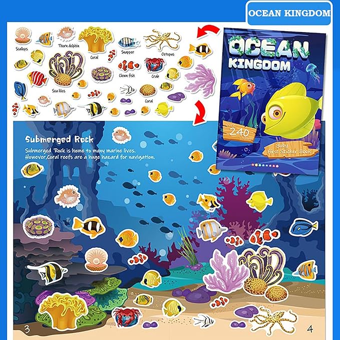 Sticker Book for Kids, 240+ Animal Ocean Stickers & 8 Scenes Activity Sheet, Reusable Busy Book, Seek and Find Sticker Coloring Pad, for Boys Girls Toddlers Ages 2-4 4-8 Years Old 3-5 6-7