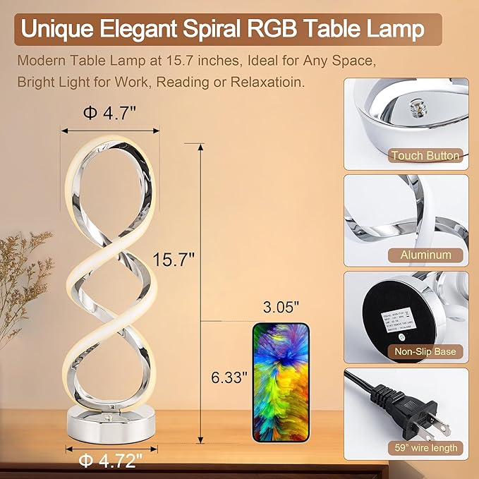 Modern Spiral RGB Table Lamp, Touch Dimmable Bedside Lamp, 7 Colors 10 Light Modes Spiral Design Table Lamp, Unique Nightstand Lamp for Living Room, Bedroom, Cool Lamps, Sliver, 2 Pack