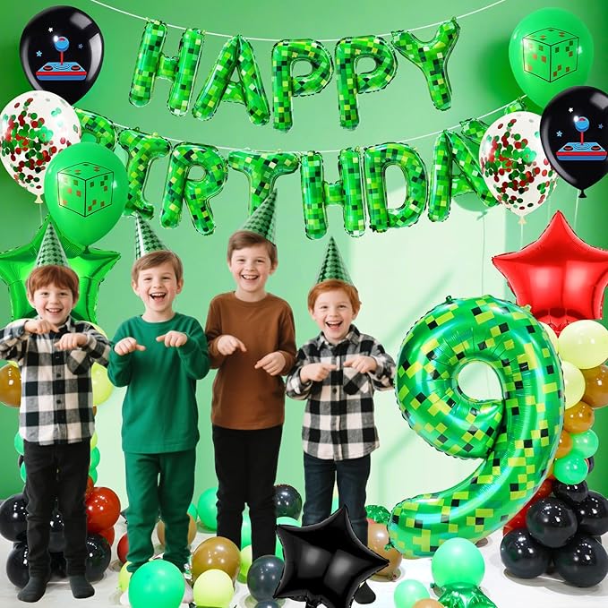40in TNT Pixel Number 9 Balloon Birthday Decorations, Miner Theme Green Foil Balloons Blast Gaming Party Supplies