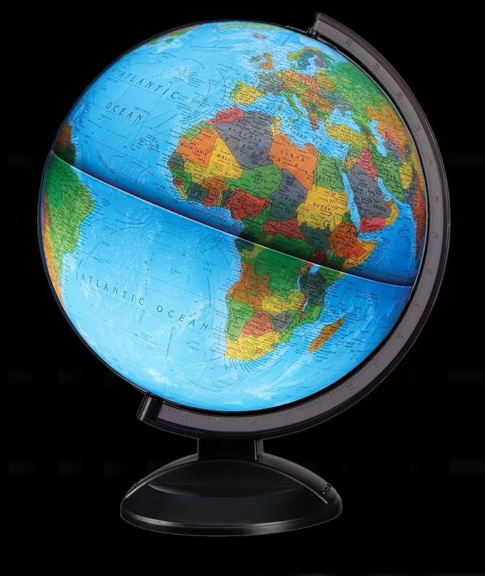 Replogle Ready to Assemble Illuminated World 12" Diameter Globe, USA Cartography, Modern Acrylic Stand and Blue Ocean Globe Ball. Easy to assemble globe that shows both Political and Vegetative information including political borders and provincial bor...