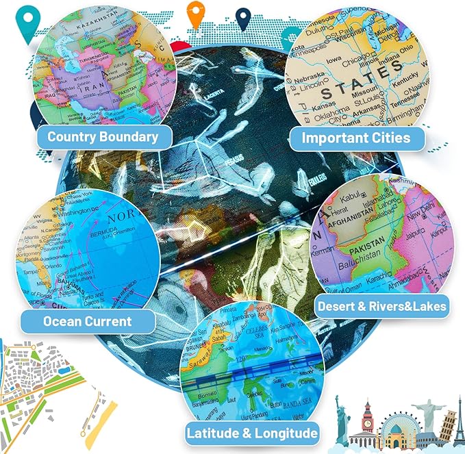9" Illuminated Globes, 88 Constellations Map & Built-in LED Light & Learning 3-in-1, USB Charging, None-Slip Stainless Steel Stand for Classroom Education & Bedroom Decor, Inspire Geography Interest