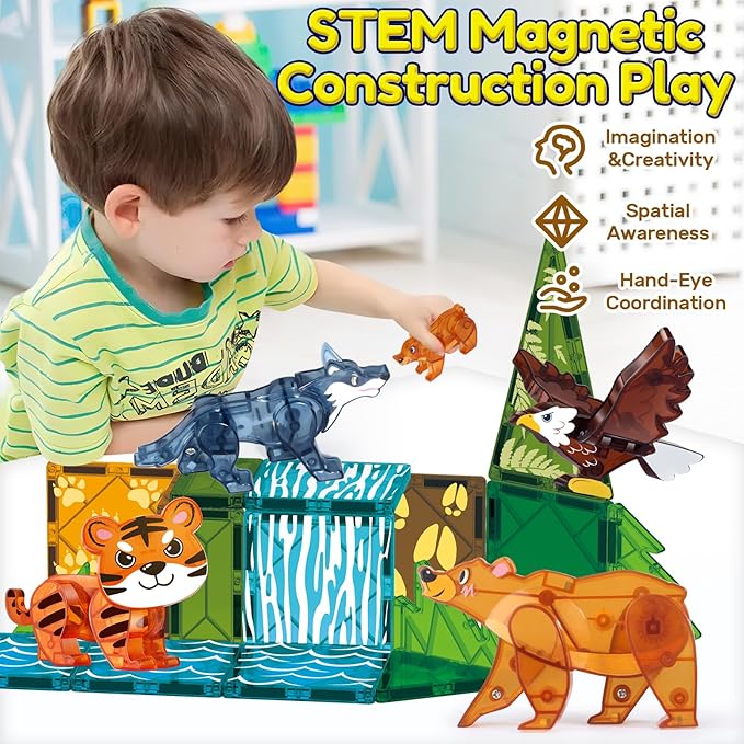 Oriate Magnet Wild Animals for Magnetic Tiles, 5pcs Movable Joints Zoo Animals for Magnetic Blocks, Animal Toys Compatible with Magnetic Tiles, Educational Magnetic Building Tiles for Kids