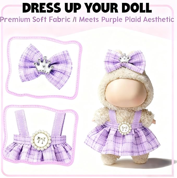Clothes for LABUBU 17cm Doll (NO Doll), Outfit for LABUBU, Dress and Hairpin Set for LABUBU Dress Up, Fashion and Premium Dolls Accessories for LABUBU (Style E)
