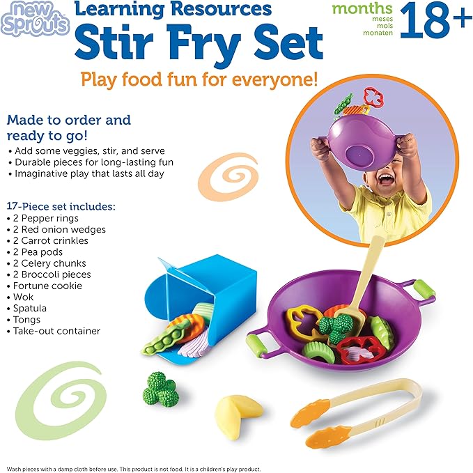 Learning Resources New Sprouts Stir Fry Play Food Set, Toy Wok, Pretend Play Toys for Toddlers, Kitchen Toys, 17 Piece Set, Ages 18 mos+