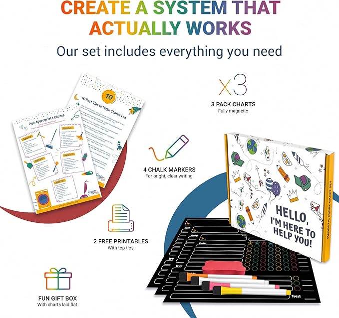 Black Magnetic Chore Charts for Multiple Kids & Adults - 3Pcs Dry Erase Chore Boards Set with 4 Fine Tip Chalk Markers - Responsibility & Reward Charts for Family Organization on Your Refrigerator