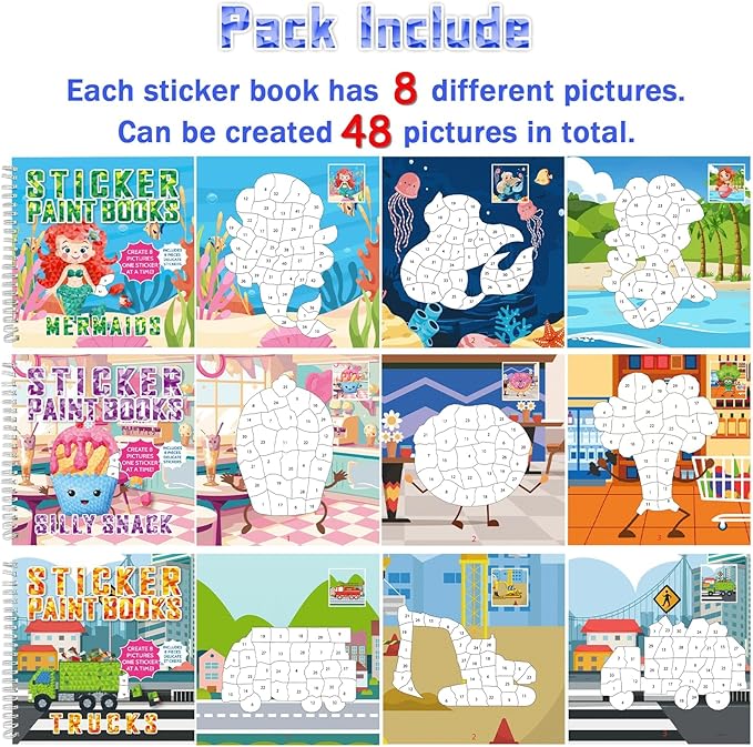 gisgfim 6 Pcs Paint by Sticker Books Sticker by Number Books Activity Book Sticker Puzzle Book Craft Art Gift with Mermaid Truck Outer Space Cat 48 Pictures Sticker by Number Book Set Party Favors