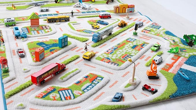 IVI Mini City 59" L x 39" W Educational Toddler Car Play Mat Rug for Bedroom, Kids Den, or Playroom