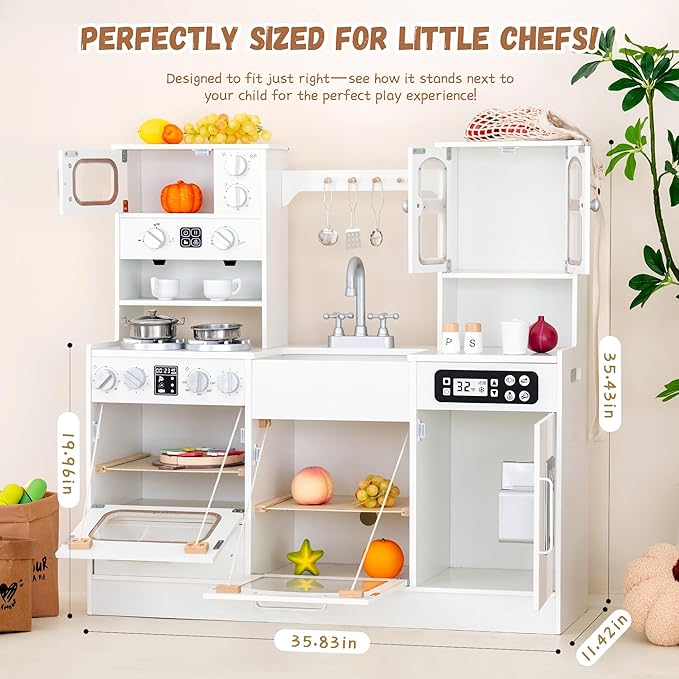 Wooden Play Kitchen for Toddlers and Kids with Lights & Sounds, Large Interactive Pretend Play Set with Ice Maker, Stove, Sink, Oven, 12 Accessories - Ages 3-8